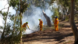 Photo of people in fire fighting clothing working on edge of a smoky fire in woodland 16 May 2015